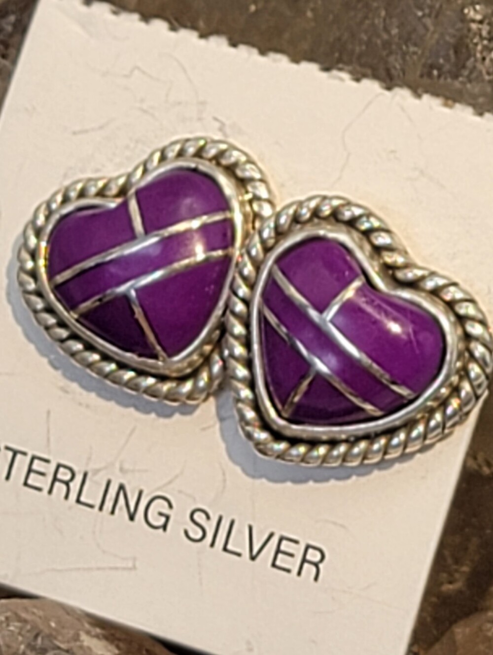 Silver 925 Purple Dahlia Turquoise Inlay Rope Heart Stud Earrings Southwestern